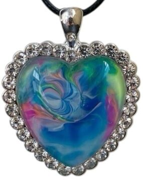 Hand Crafted Fluid Art Necklace Blue Pink Heart Pendant by Svetlana Yeung